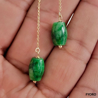 Dangling Cylindric Deep Burmese A Jade Earrings (with 14K Yellow Gold)