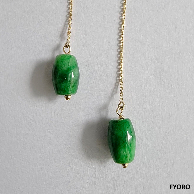 Dangling Cylindric Deep Burmese A Jade Earrings (with 14K Yellow Gold)