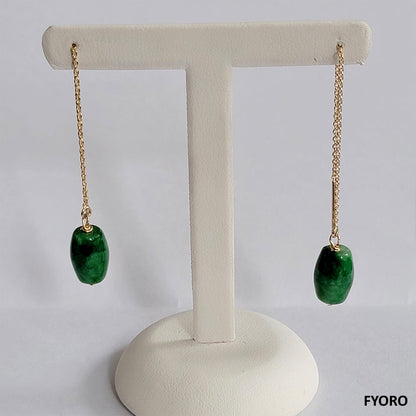 Dangling Cylindric Deep Burmese A Jade Earrings (with 14K Yellow Gold)