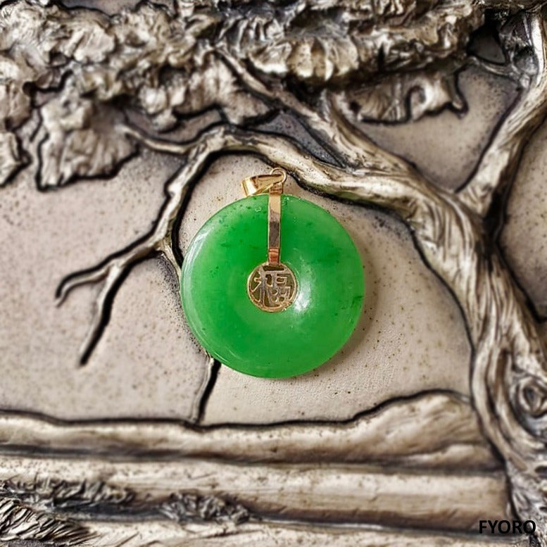 Fu Fuku Fortune Jade Pendant (with 14K Yellow Gold)