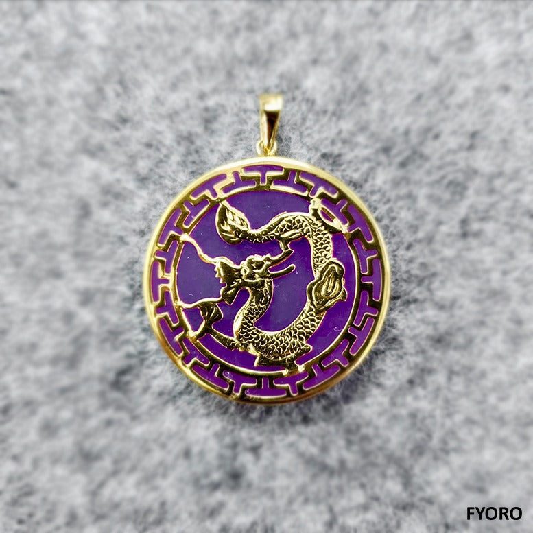 Kowloon (Purple) Jade Dragon Pendant (with 14K Yellow Gold)