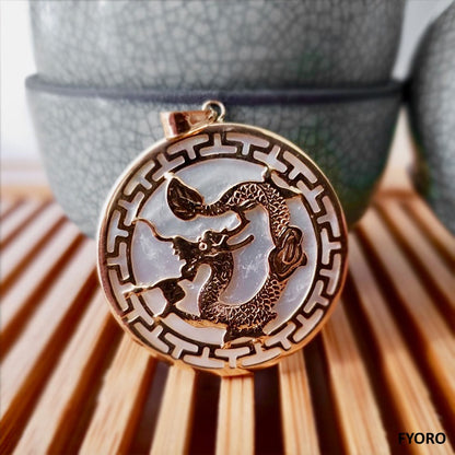 Kowloon White MOP Dragon Pendant (with 14K Yellow Gold)