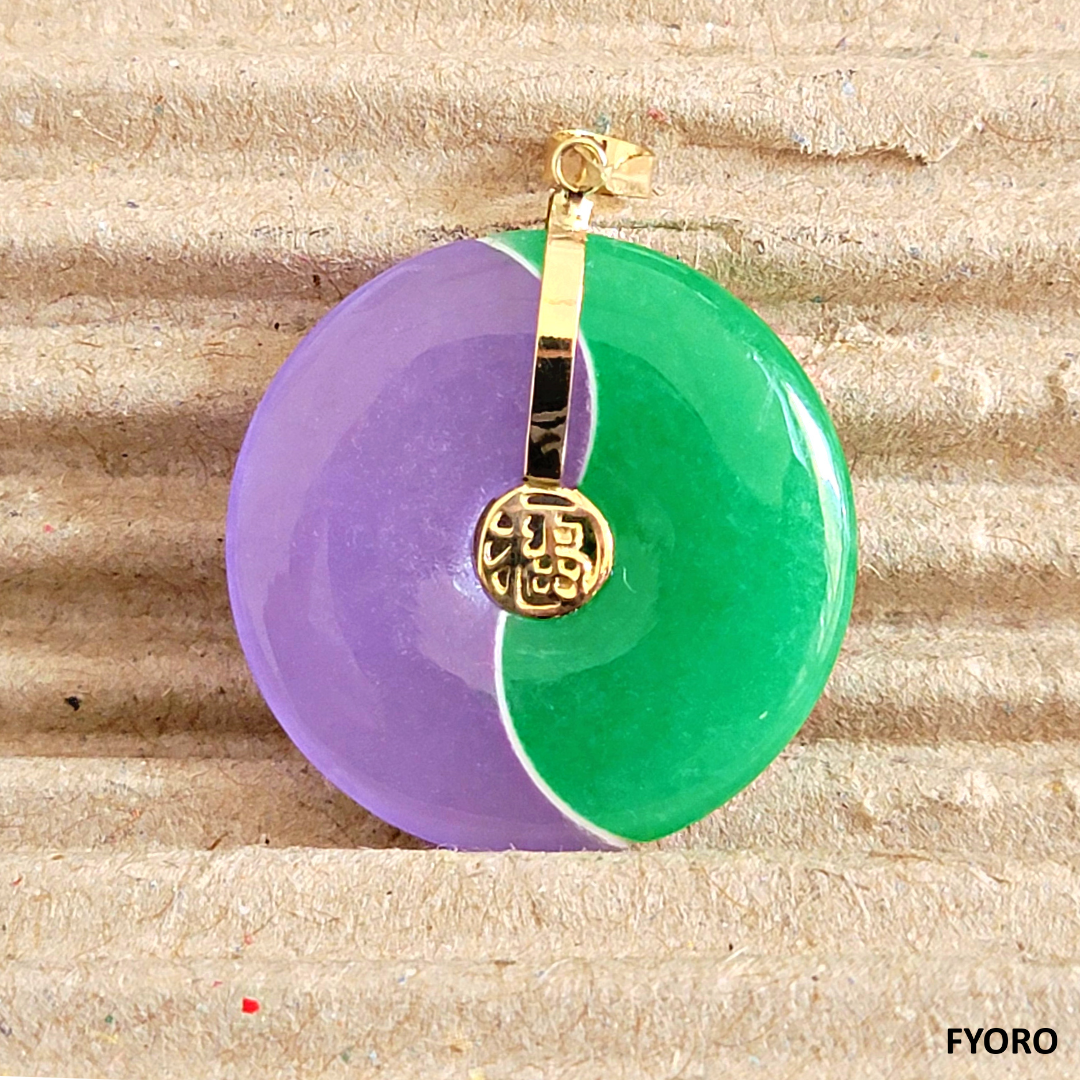 Yin and Yang (Purple) Jade/Jade Fortune Pendant with 14K Yellow Gold