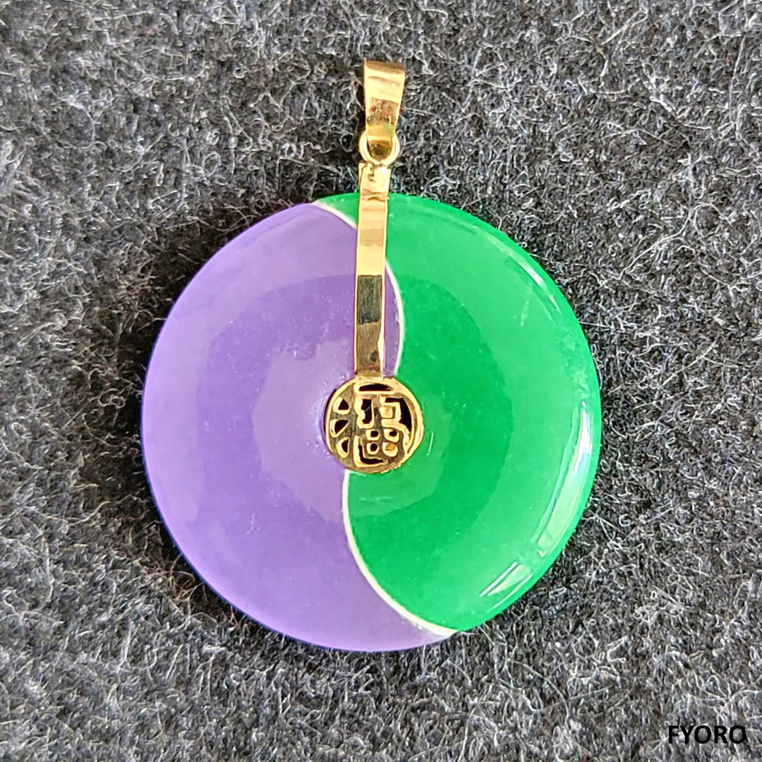 Yin and Yang (Purple) Jade/Jade Fortune Pendant with 14K Yellow Gold